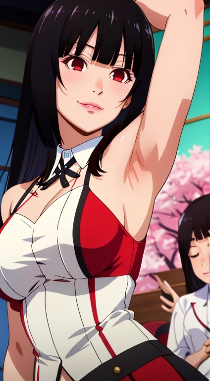 Jabami yumeko, (Mature female, bangs, side locks, Red eyes, Black hair, Huge breasts3),Portrait of a girl, (face:1.2), schoolgirls, smile,bare shoulders​, Black hair, cherry blossom), Willow Branch, (masterpiece best quality :1.2), large breasts, arms up, detailed armpits