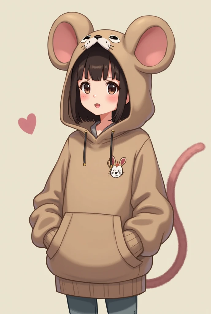 Teenage character with mouse hood and mouse sweatshirt
