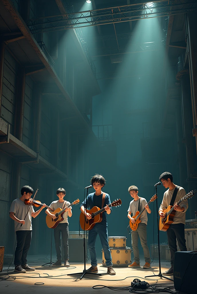 Acoustic members with an asian rapper Animae in dark abandoned building