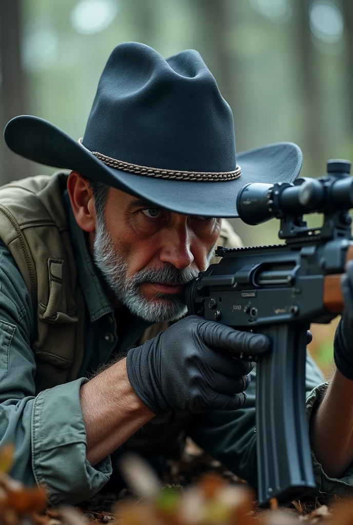 a white male with a black cowboy hat as he is part of the hunters organization have him in combat attire with an AK74 I want him to be holding onto his cowboy hat with a scared look laying down in a sniper position