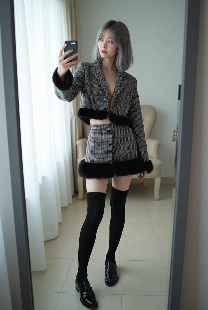 highly detailed, beautiful, hyper Realistic girl, masterpiece, best quality, Depict a mysterious and sophisticated beautiful Japanese gravure model,, 28-years-old, identity hidden, all body shot, / gray arranged hair, small head, Detailed face, cute and Pretty slim face, wide Duck mouth, perfect beautiful Tooth, arranged gray hair, shiny eyes, blue-colored eyes, Realistic skin, Detailed face, / A fashion outfit featuring a black and white plaid set. The cropped jacket ends just above the waist, revealing a slight amount of skin for a modern, chic look. The matching mini skirt has a black faux fur trim at the hem. The material appears to be thick wool or tweed, giving a classic and structured appearance. The outfit is paired with chunky black patent leather loafers and long black socks, creating a retro yet trendy style, all understated and refined to maintain the minimalist vibe. //// simple white single room, gray frame mirror, complicated background /// takes a selfie in her room using a smartphone in front of a mirror with one hand, standing and sexy Posing, all body below shot, focus shoes, looking away from the camera,