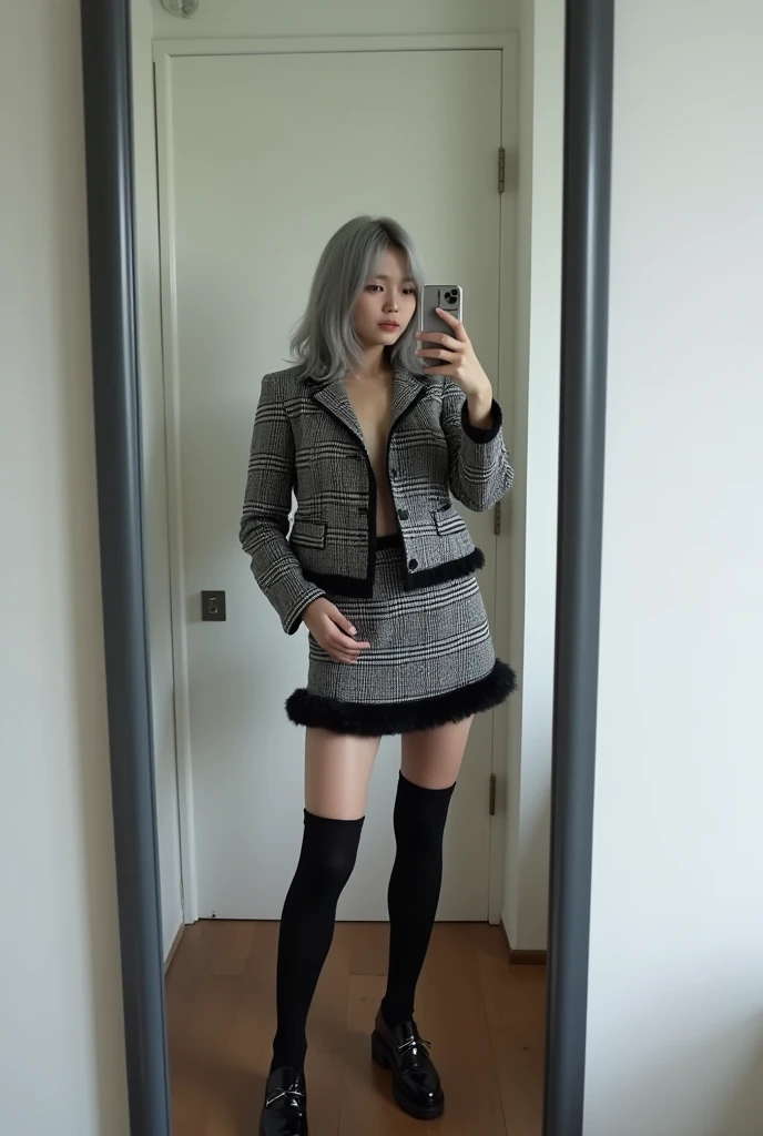 highly detailed, beautiful, hyper Realistic girl, masterpiece, best quality, Depict a mysterious and sophisticated beautiful Japanese gravure model,, 28-years-old, identity hidden, all body shot, / gray arranged hair, small head, Detailed face, cute and Pretty slim face, wide Duck mouth, perfect beautiful Tooth, arranged gray hair, shiny eyes, blue-colored eyes, Realistic skin, Detailed face, / A fashion outfit featuring a black and white plaid set. The cropped jacket ends just above the waist, revealing a slight amount of skin for a modern, chic look. The matching mini skirt has a black faux fur trim at the hem. The material appears to be thick wool or tweed, giving a classic and structured appearance. The outfit is paired with chunky black patent leather loafers and long black socks, creating a retro yet trendy style, all understated and refined to maintain the minimalist vibe. //// simple white single room, gray frame mirror, complicated background /// takes a selfie in her room using a smartphone in front of a mirror with one hand, standing and sexy Posing, all body below shot, focus shoes, looking away from the camera,