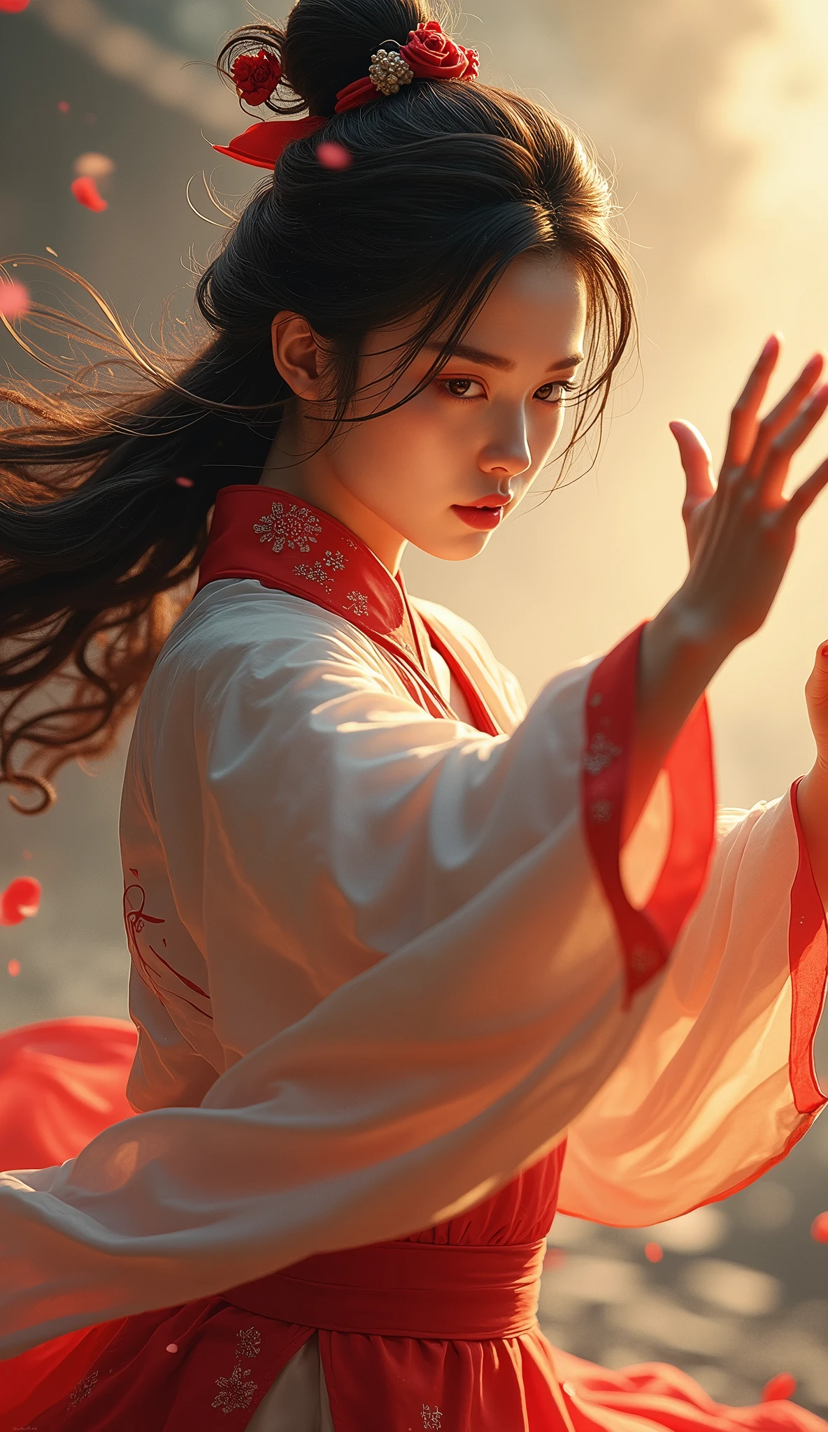 best qualityer, work of art, high resolution, wuxia1girl, chinese dress, super beautiful face, super beautiful eyes, super beautiful hair, Kung-Fu fight