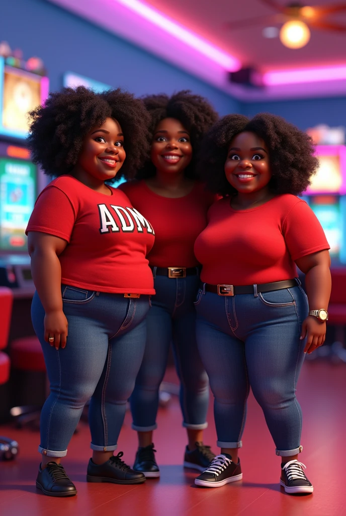 3D Pixar style, 4 woman, curtain, Brown eyes, thin reddish mouth Very curly afro hair dark coffee color, medium size without fringe.
Woman with wide hips and thick legs in a red t-shirt with ADM written on it, jeans, black belt, black sneakers.
Gold ring on the left finger, watch on the wrist, wide and round face In a casino game room environment with computers HAPPY