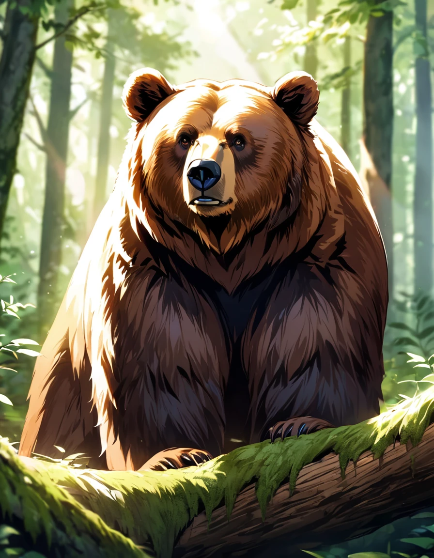 A close-up shot of a majestic brown bear standing on a moss-covered log, its fur a warm, earthy tone against the lush green forest backdrop. The bear's eyes are calm and gentle, gazing directly into the camera lens as it surveys its surroundings. Soft morning light filters through the trees, casting a subtle glow on the bear's fur. ImgFixerPre0.3