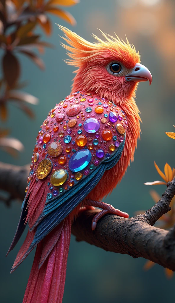 Forbes Diamond「Little bird on a tree」teeth、The protagonist is portrayed naturally and realistically.。, Highly detailed and photorealistic, Render the background, Photorealistic concept art, Hyperreal Rendering, Red realistic 3D rendering, Bird Society, Photorealistic images, Highly detailed and photorealistic, Ultra-realistic detailed rendering, Realistic detailed images, Highly detailed rendering, High quality rendering,((A fictional bird with many colorful jewels on its body.))Fluorescent bird,His whole body is covered in colored gems,The tail is also covered with jewels,Wear jewels,The feathers are colorful,Sparkling