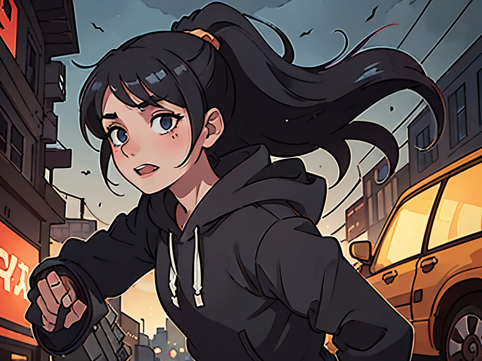 A narrow, dark street, illuminated by the faint, ghostly glow of the full moon. Decaying buildings loom on either side, their windows like empty eyes watching the chaos unfold below. A 20-year-old boy, with features and style similar to the character in the first image (spiky black hair, expressive eyes, and a hoodie), runs desperately towards the viewer. His face is contorted in a mixture of panic and determination as he dodges debris and tries to stay ahead of the horde. Behind him, only a few steps away, a horde of shambling zombies closes in, their decaying bodies a grotesque mass of rotting flesh and exposed bones. Their milky eyes burn with an insatiable hunger, their mouths agape revealing rows of jagged, yellowed teeth. In the background, leaning against a wrecked car, a woman with the appearance and style of the second image (long brown hair, mature features, and a striking smile) watches the chase with delight. Her eyes gleam with sadistic pleasure as she cackles, amused by the boy's desperation. She wears elegant clothes, contrasting with the surrounding scenery of destruction, and holds a smartphone in her hand, perhaps filming the scene or taunting the boy as he fights for his life.