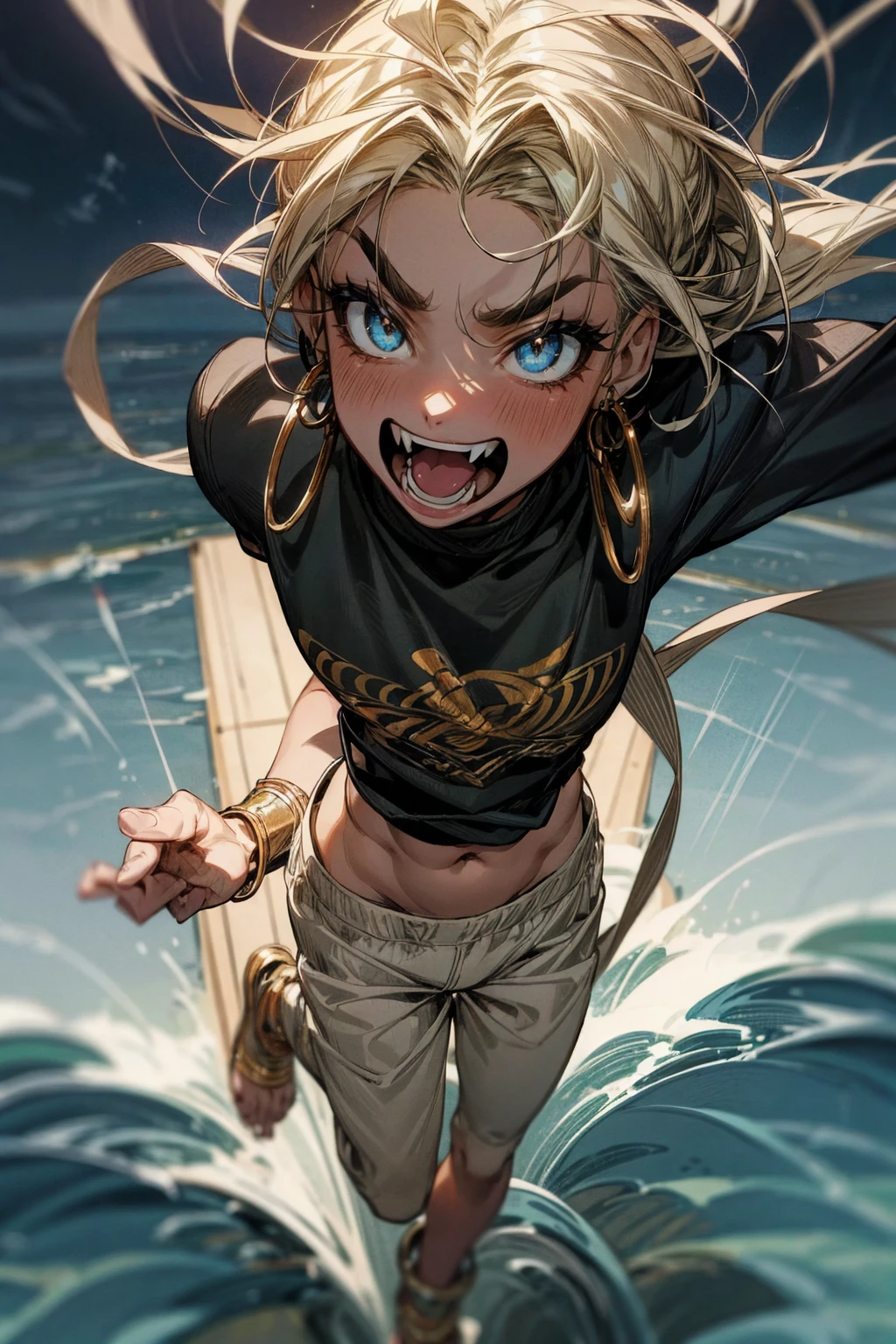 Masterpiece Quality, Perfect Generation, Sclera, Detailed Eyes, Skin, Randomly Styled Hair, Muscular, Casual Sweats Clothing, Crazy Smile Expression, , Cool Lake Background, Full Body, Tanned Skin, Fangs, Hoop Earrings, Ribbon In Hair