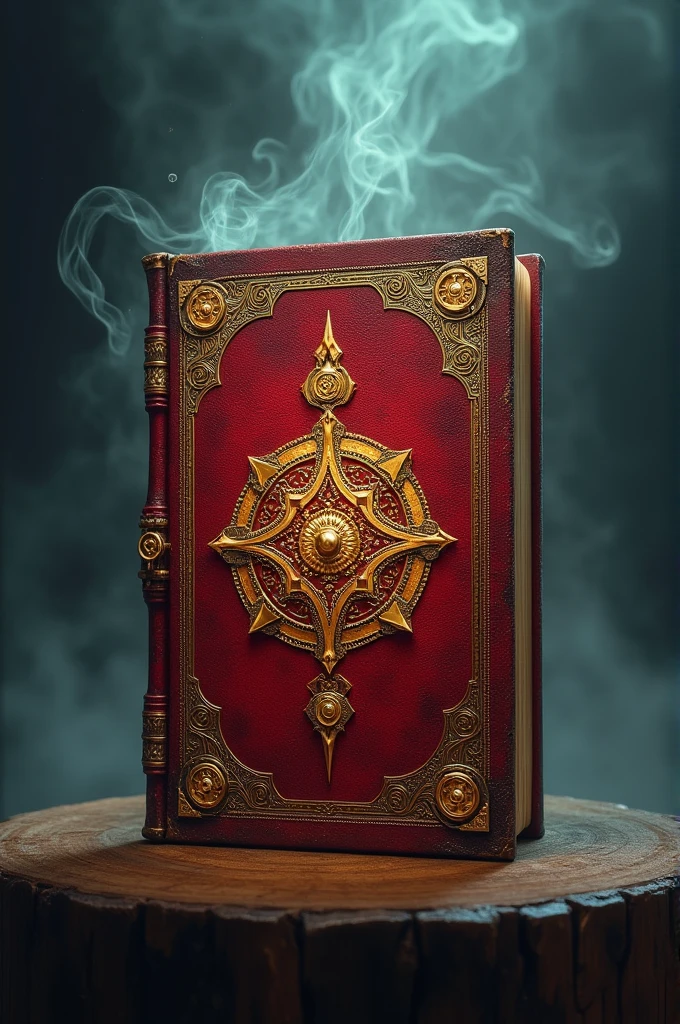 A red book with golden ritualistic magic symbols,  with front perspective with smoke in the background