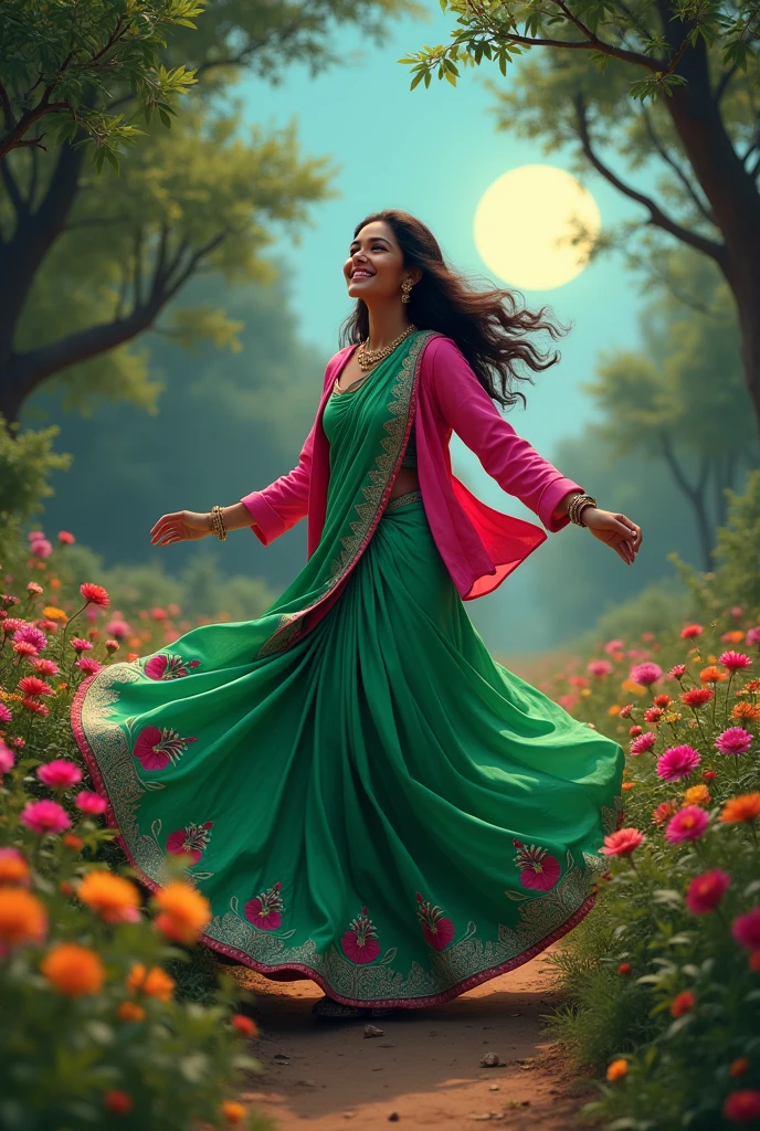  beautiful indian woman, in beautiful  green trees of colourful  flowers wearing  full-shoulder green half saree and full jacket dancing in very happy mood smiling by rotating  her self low to high angle showing moon in sky light fading on her between the trees