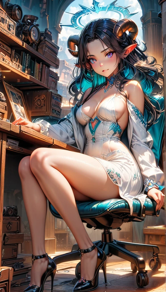 best quality,4k,8k,highres,masterpiece:1.2),ultra-detailed, extremely detailed eyes, extremely detailed body, (large masterpiece digital art), (detailed manga illustration), (detailed line art), ((perfect anatomy)), (intricate details:1.3), (ultra-detailed:1.3), (illustration:1.3), (sharp focus:1.3), (natural lighting:1.05), (vivid colors:1.3), (masterpiece), (best quality:1.4), (perfect anatomy:1.4), high quality, expressive eyes, full body, detailed face, beautiful face, perfect face, 1 girl, medium breasts, black hair, curly hair, wild hair, detailed hair, white dress shirt, black pants, pale skin, sapphire-blue eyes, demon, blue halo, sheep horns, curled horns, (horizontal pupils), sexy face, pointy ears, splash art, the demon girl, curvy, sitting in an office chair at a desk with feet on desk, black high heels, cinematic lighting, dramatic atmosphere, Atey Ghailan, Jeremy Mann, Greg Manchess, Antonio Moro, trend in ArtStation, trend in CGSociety, Intricate, High Detail, Sharp focus, dramatic and photorealistic painting art by Midjourney and Greg Rutkowski, Jeff Bridges, ((cartoon style)), Marvel Cinematic Universe style