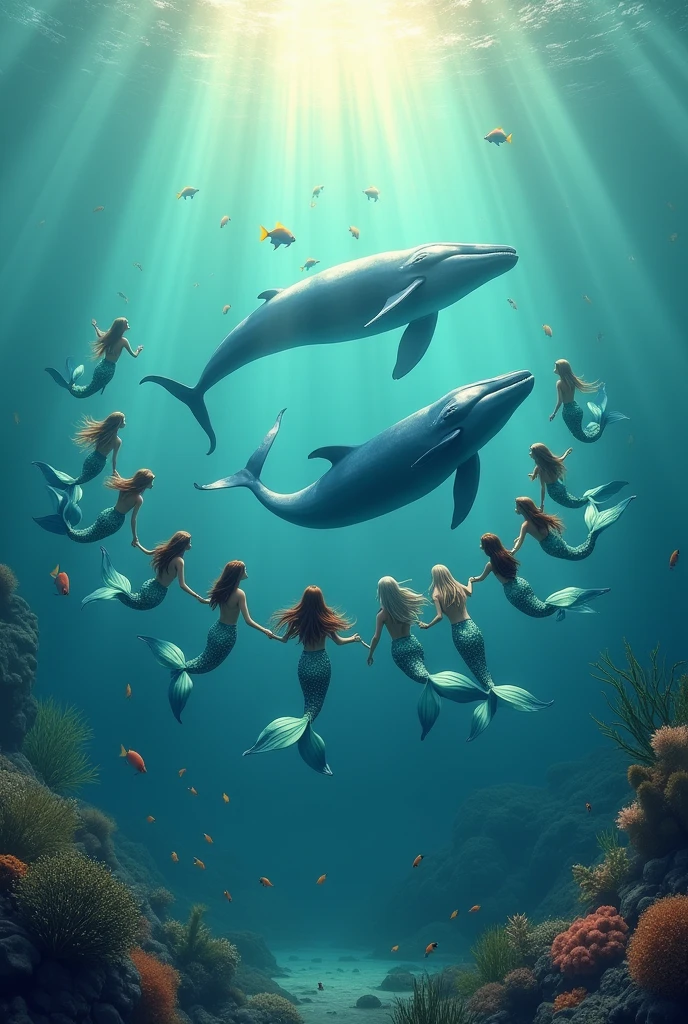 Mermaids swimming with whales