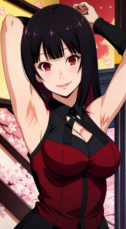 Jabami yumeko, (Mature female, bangs, side locks, Red eyes, Black hair, Huge breasts3),Portrait of a girl, (face:1.2), girls, smile,bare shoulders​, Black hair, cherry blossom), Willow Branch, (masterpiece best quality :1.2), large breasts, arms up, detailed armpits