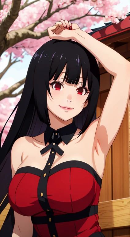 Jabami yumeko, (Mature female, bangs, side locks, Red eyes, Black hair, Huge breasts3),Portrait of a girl, (face:1.2), schoolgirls, smile,bare shoulders​, Black hair, cherry blossom), Willow Branch, (masterpiece best quality :1.2), large breasts, arms up, detailed armpits