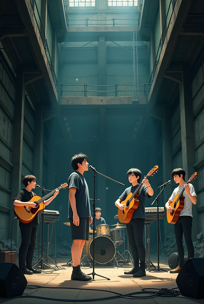 Acoustic members with an asian rapper Animae in dark abandoned building