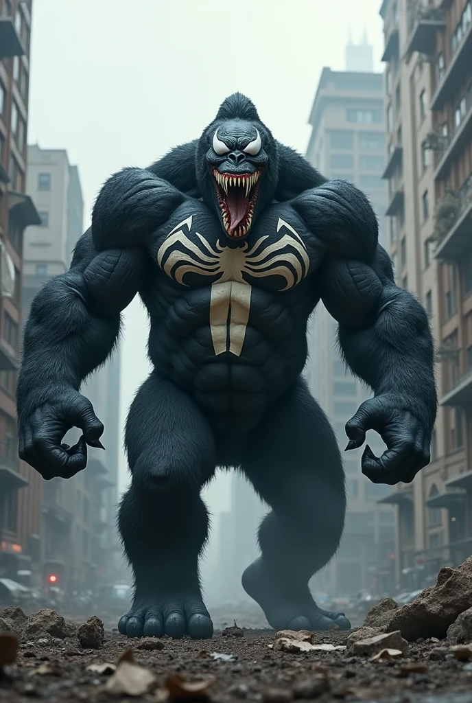 Draw a video of Venom and King Kong combined。The venom is strong、Leave the chest pattern