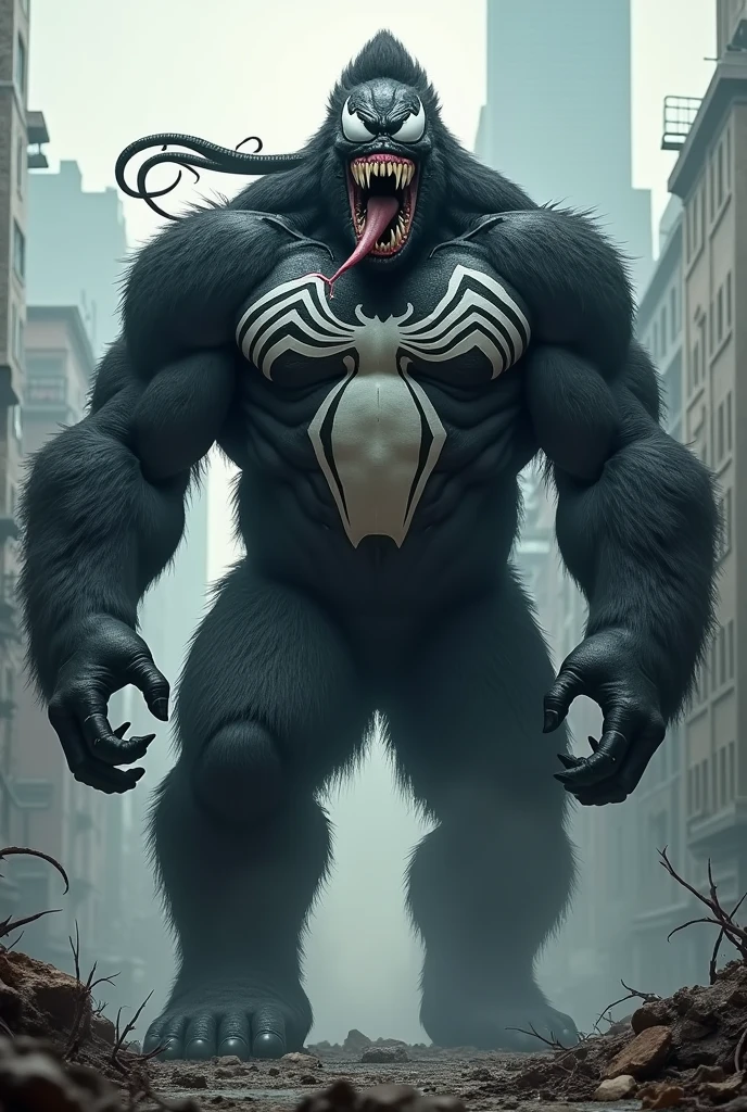 Draw a video of Venom and King Kong combined。The venom is strong、Leave the chest pattern