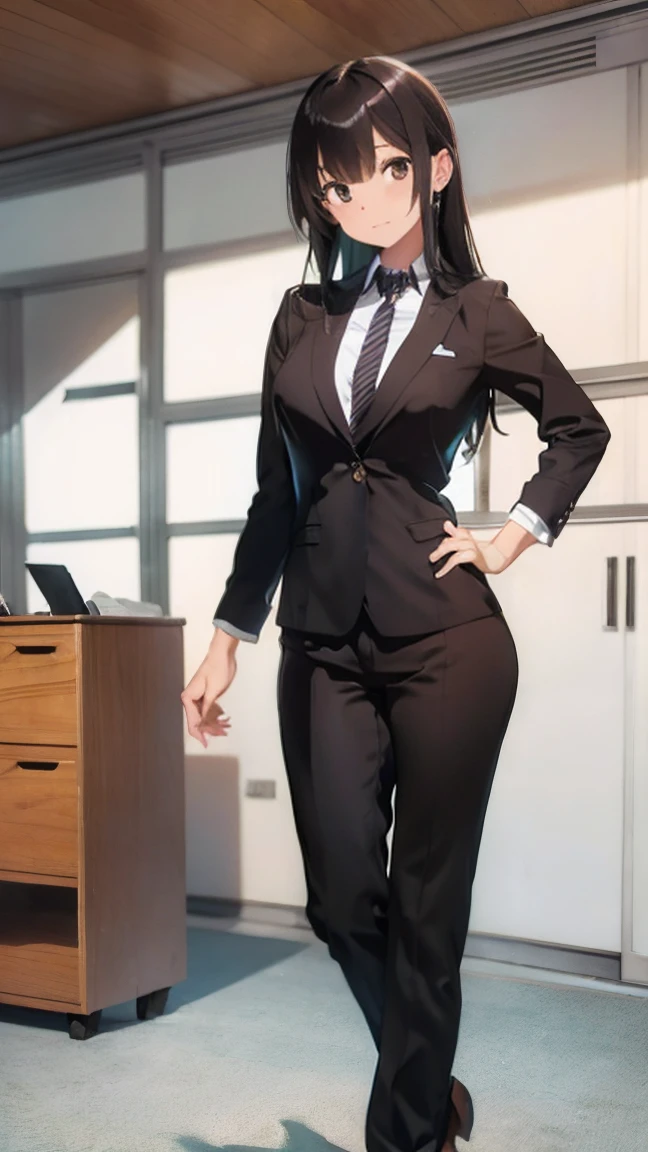 Ultra-high resolution, Accurate, Anatomically correct, Textured skin, Attention to detail, 8k, A woman in a suit takes a photo, a hyperRealistic , hyperRealistic , Wear a proper business suit, photoRealistic perfect body, Realistic , On the desk, standing On the desk, ultra Realistic picture, Wearing a strict suit, Realistic shaded perfect body, Dressed in a strict suit, photoRealistic girl render, A light smile,