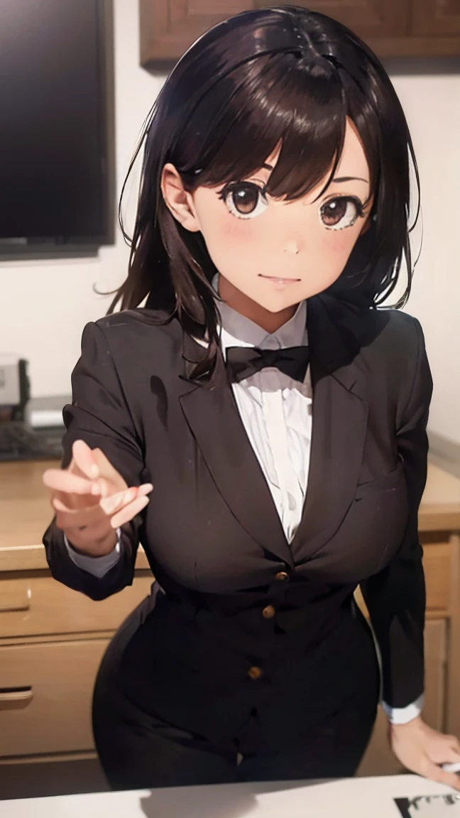 Ultra-high resolution, Accurate, Anatomically correct, Textured skin, Attention to detail, 8k, A woman in a suit takes a photo, a hyperRealistic , hyperRealistic , Wear a proper business suit, photoRealistic perfect body, Realistic , On the desk, standing On the desk, ultra Realistic picture, Wearing a strict suit, Realistic shaded perfect body, Dressed in a strict suit, photoRealistic girl render, A light smile,
