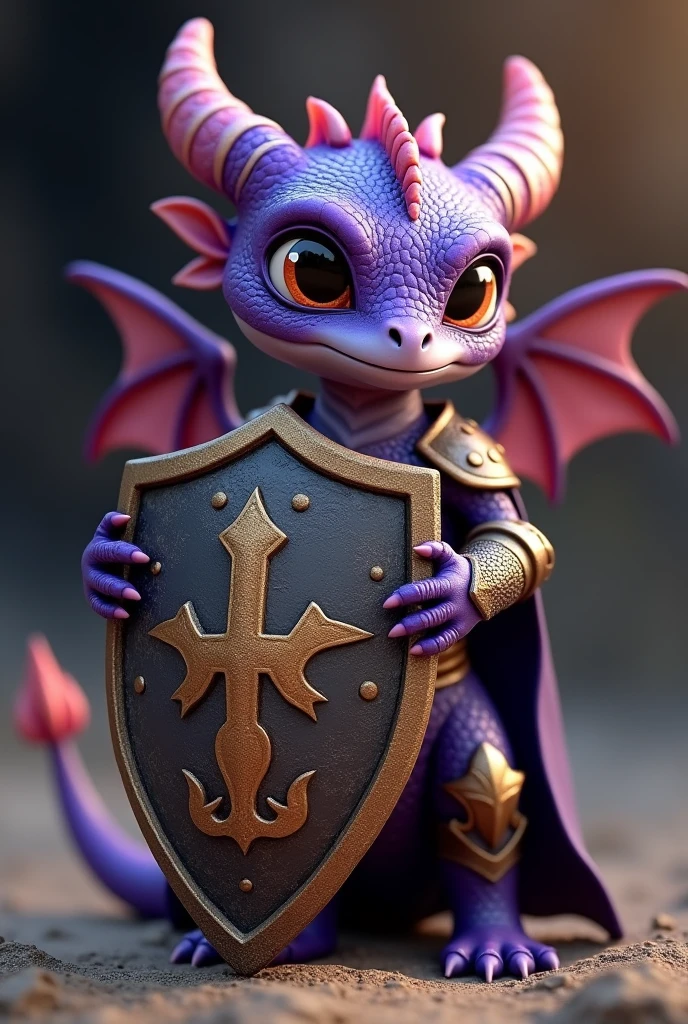 small purple dragon with no wings and a small tail, small horns that curve inwards, one meter tall, with medieval beaten leather armor, holding a large shield in one hand.
