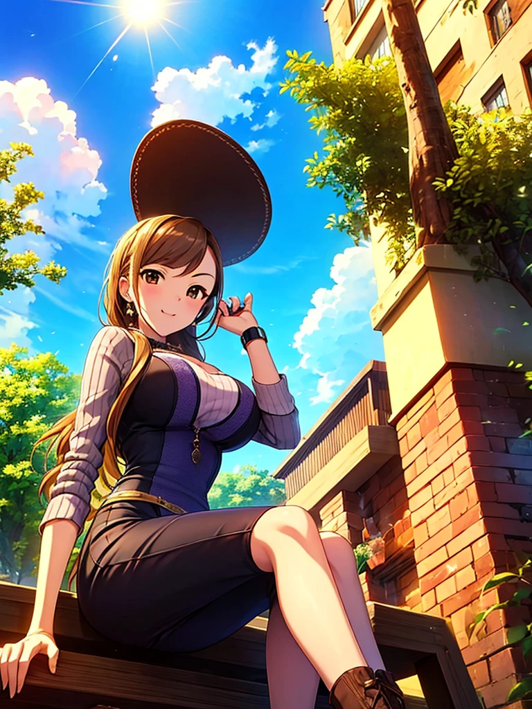 masterpiece) ((((Highest quality))))((High resolution))))))、squat、Brown Hair、、Ride Good、Around town　blue sky、、From below、One person、白 Knitted Dress、Big Breasts、glamorous、Pencil Skirt、ショートポニーテール