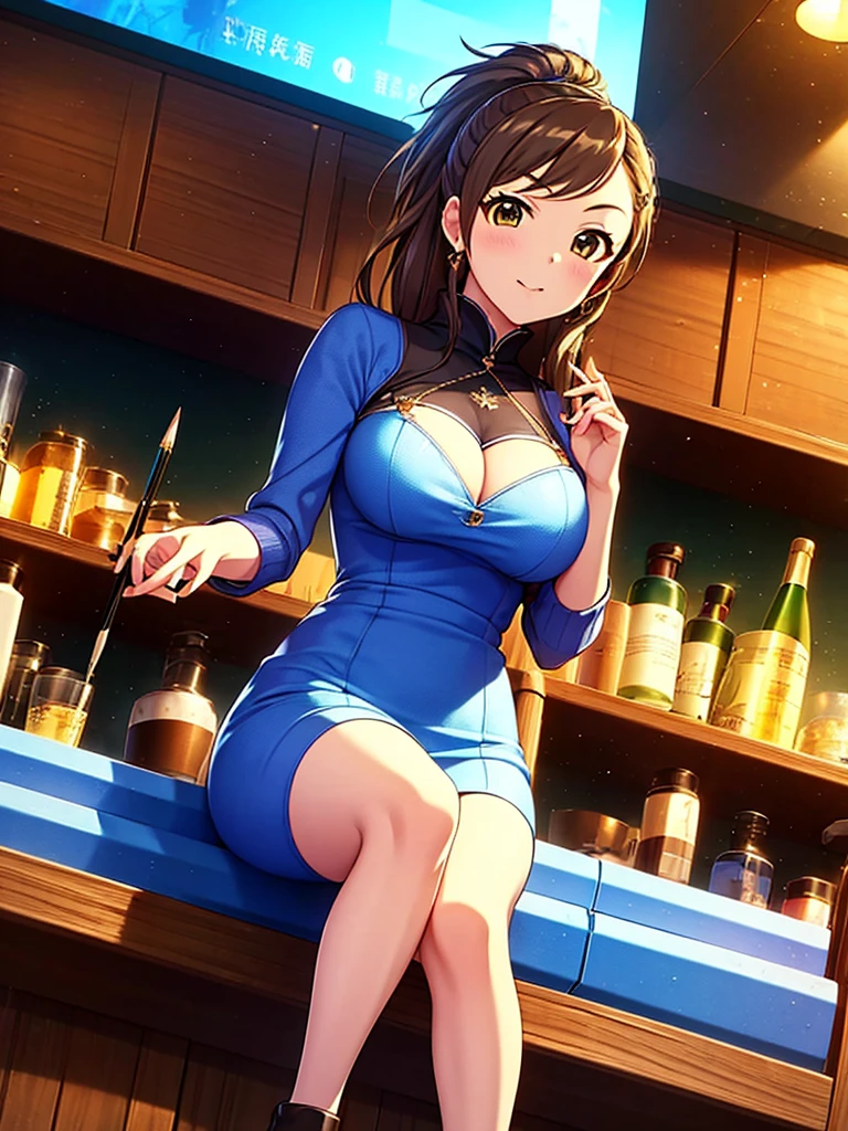 masterpiece) ((((Highest quality))))((High resolution))))))、squat、Brown Hair、、Ride Good、Around town　blue sky、、From below、One person、白 Knitted Dress、Big Breasts、glamorous、Pencil Skirt、ショートポニーテール