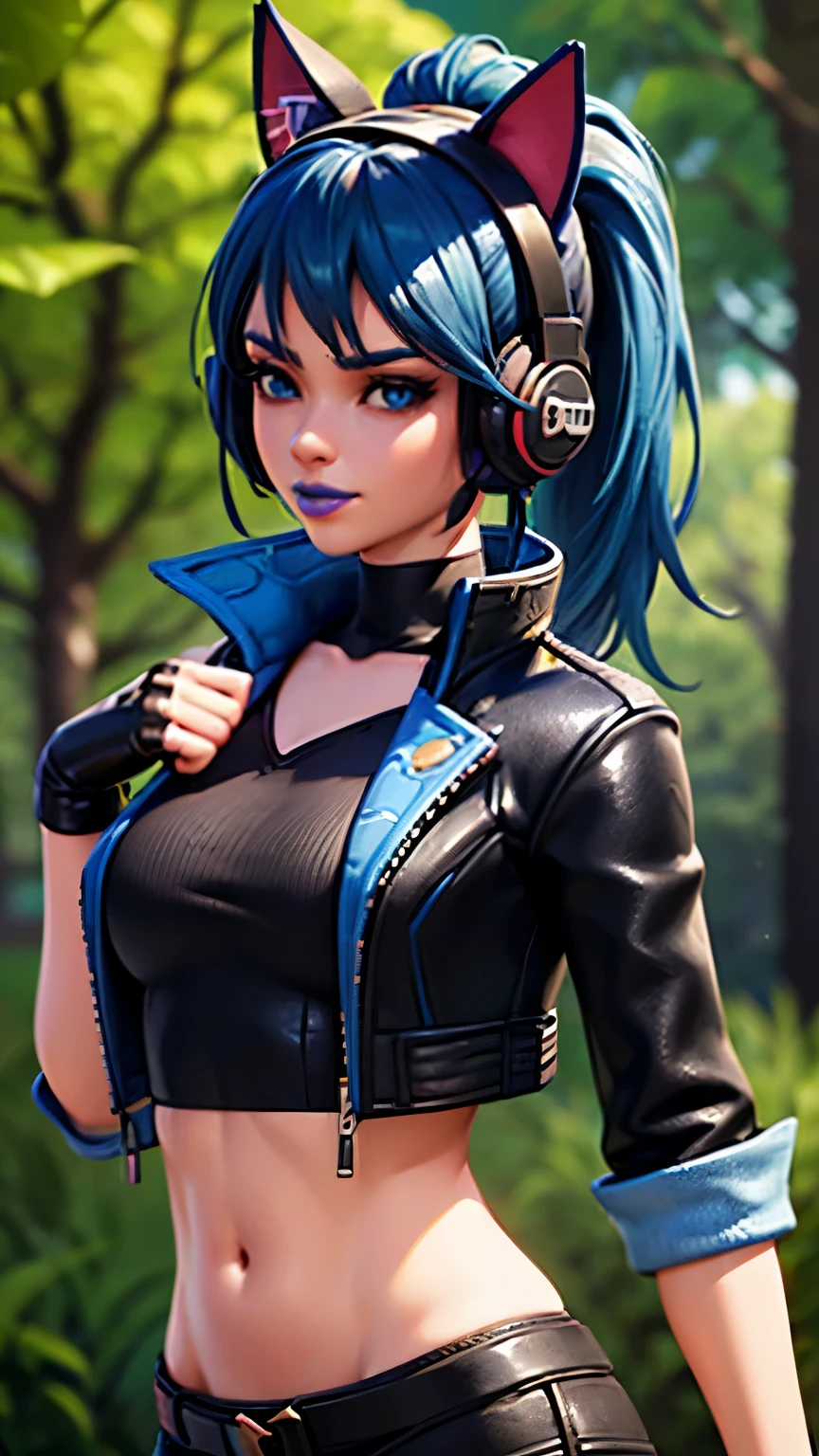 Forest background, 1girl, solo, Heroic Hope from fortnite, (crop top, black top, open clothes), (jacket crop top, black jacket, blue loose, jacket loose), fingerless gloves, black pants, blue hair, ponytail, blue eyes, headphones, cat ears headphones, blue lips, lipsticks, smirk