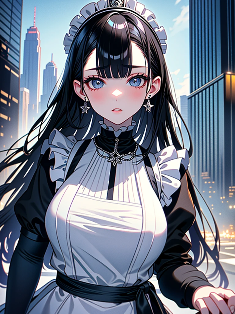 Masterpiece、Ultra-high resolution、Detailed expression、8k、(Giant:1.3)、Beauty、Beautifully detailed face、Over the city、Black Hair、18 meters tall、Married Woman、apron、Troubled face、skyscraper