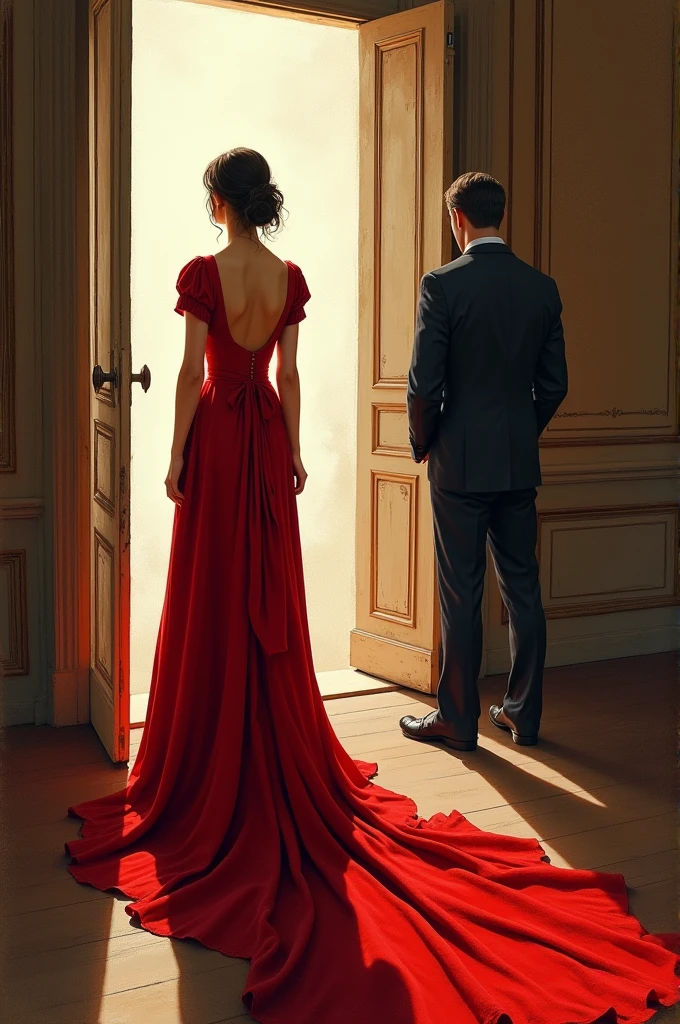 Make a book cover, as if it were drawn by hand, of a woman in a red dress, chic, at the time of the 19th century, with open backs, at the end there is the shadow of a man waiting for her at the door, A white man.