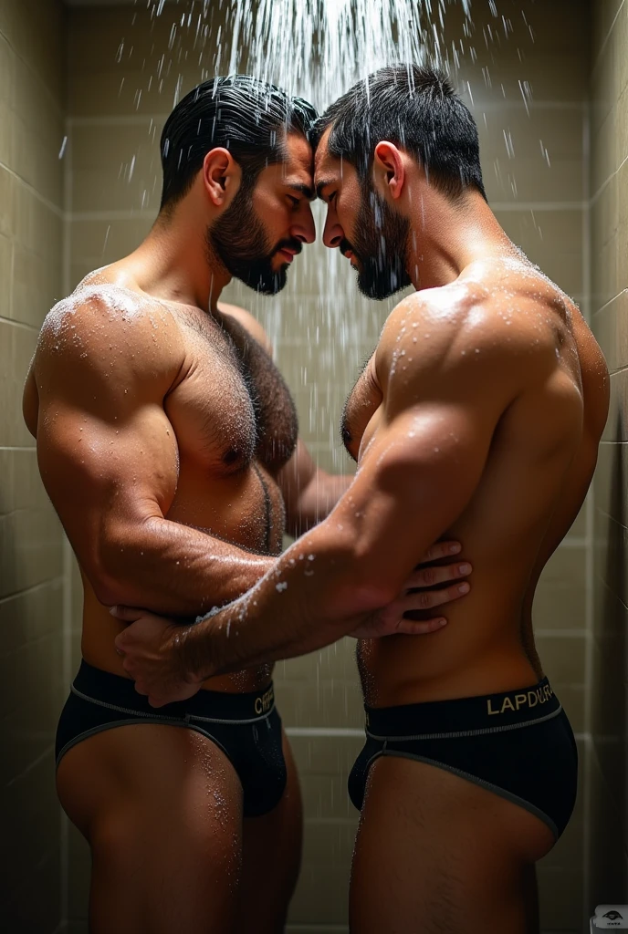 two muscular men, stocky, velludos, manly, hairy and attractive in branded underwear and barefoot, taking a shower together, soaping each other and without shoes