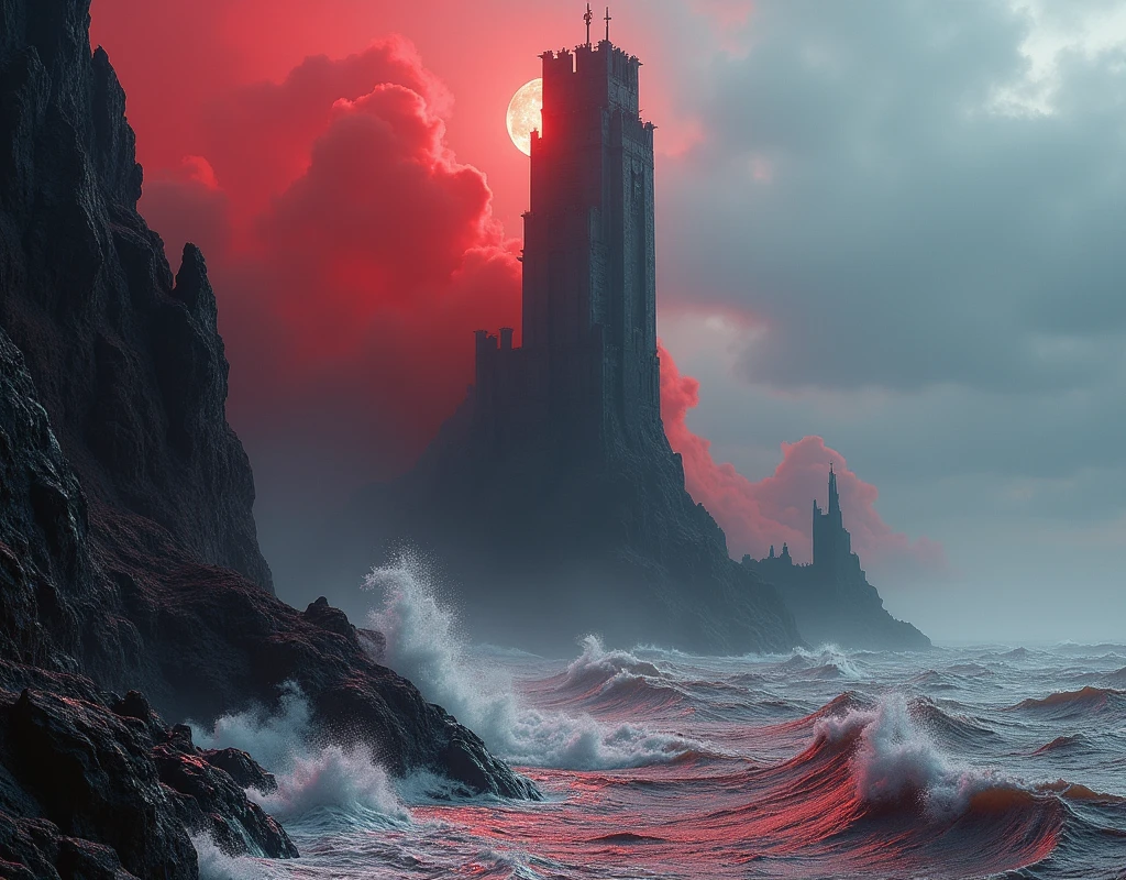 A dark tower stands upon cliffs where the waves of a red sea crash.