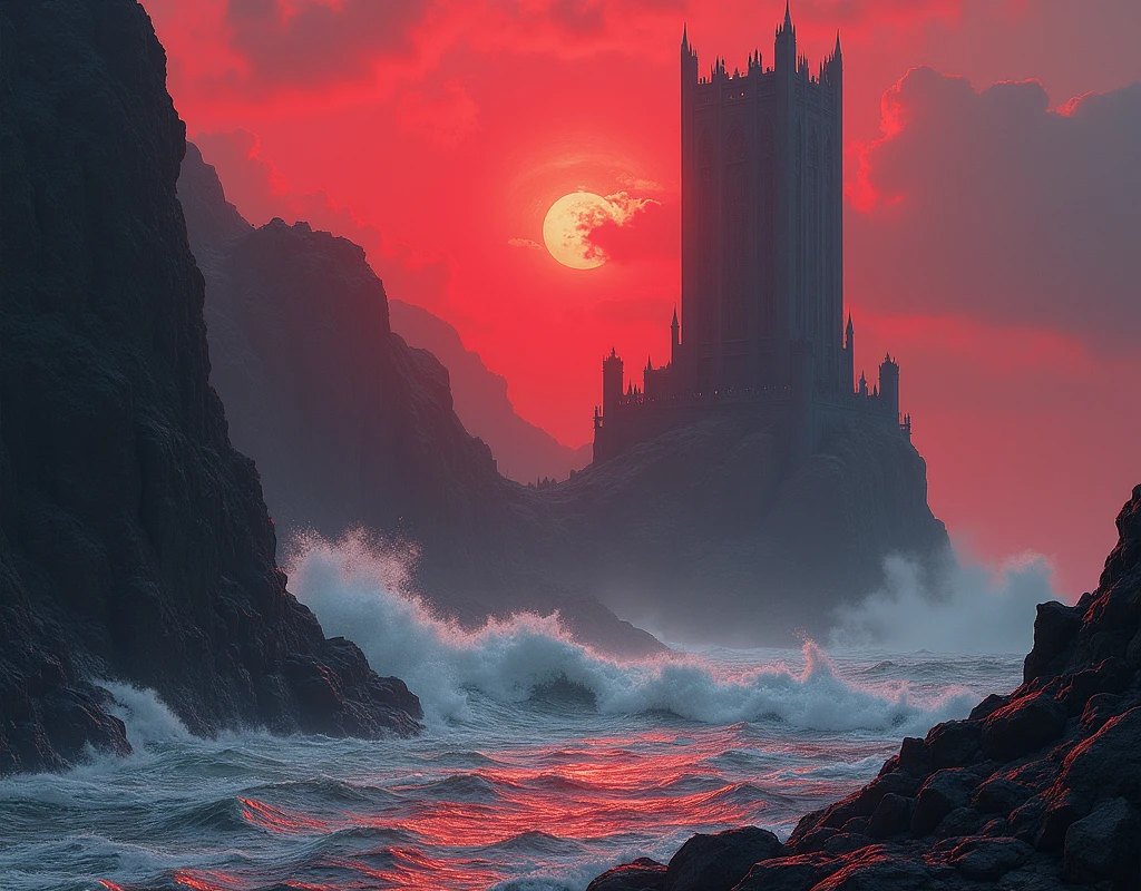 A dark tower stands upon cliffs where the waves of a red sea crash.