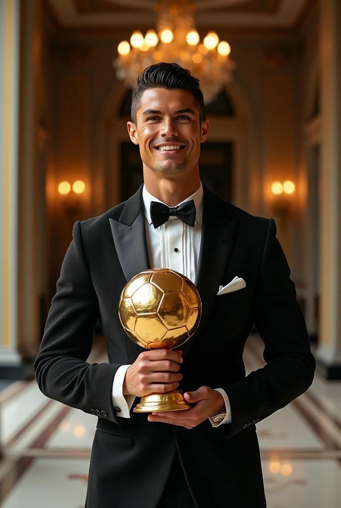 cristiano ronaldo ;qui porte des vêtements de luxe;in Paris;takes a golden ball with a smile in a luxury building
