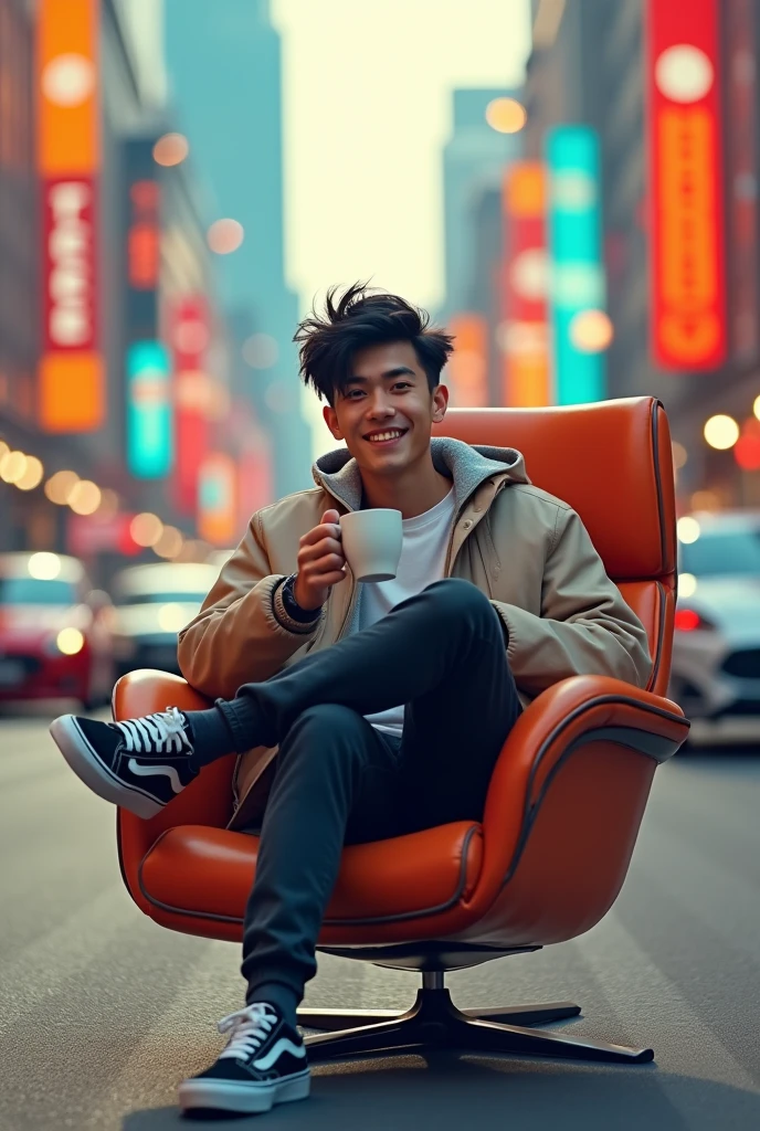a young man shorty black messy haircut, wear outfit jacket clothes, long pant clothes, wear vans shoes, sit down in elite chair while crossed legs middle road while holding white coffee glass cup, natural, sweetly smile, future places, colorful lighting sun, future cars, award winning photography, real hyper realistic, real human japanese, UHD 8k, detailed photo, perfect face, detailed places, landscape, full body, photo was taken from a long distance in the future city