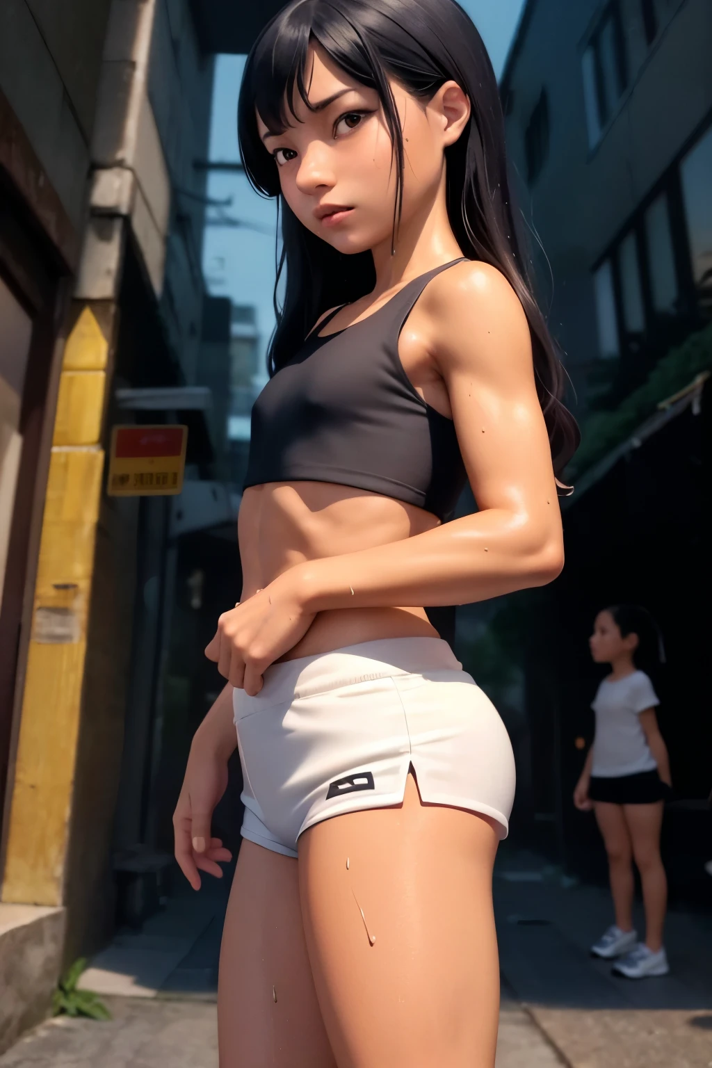 ((Flat chest, tomboy girls, , small head)), nighttime, moonlight, (chiseled abs : 1.1), (perfect body : 1.1), (long wavy hair : 1.2) , black hair, collar, full body shot, crowded street, wearing short thin red tanktop, ((white tight athletic short shorts)), (extremely detailed CG 8k wallpaper), (an extremely delicate and beautiful), (masterpiece), (best quality:1.0), (ultra highres:1.0),  beautiful lighting ,perfect lightning, realistic shadows, [highres], detailed skin, ultra-detailed, wet skin, wet clothes,  wet hair, nude, short stature, tan skin,