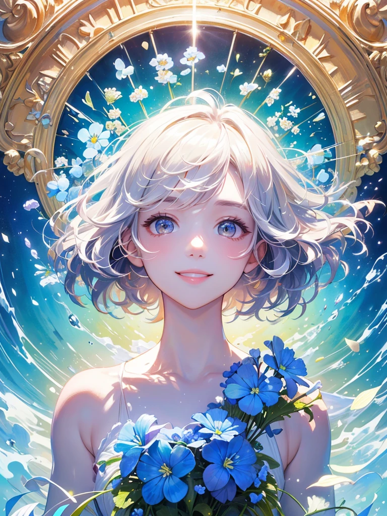 (masterpiece、highest quality、highest quality、Beautiful and beautiful:1.2)、(Good anatomy:1.5)、Painting of a girl with milky white straight hair、Adorable smile、Sparkling Eyes、looking at the camera、Emerging from among the flowers and leaves、Nemophila