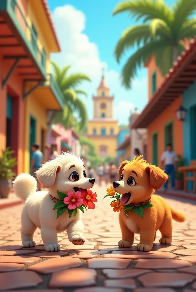 A small and cute dog on the streets of Salvador Bahia meeting a little dog in the square bringing her flowers