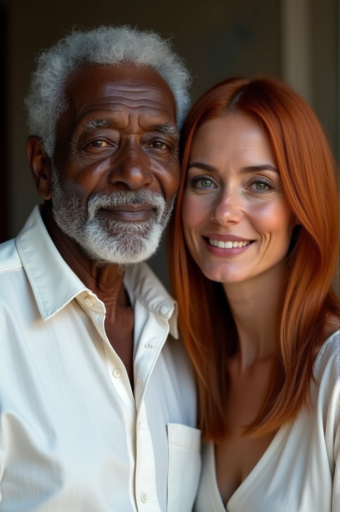 elderly man, africana, black skin color, dressed in white with a woman next to her with dark skin and straight copper-colored hair, dark shaped eyes, hole in the chin indigenous features