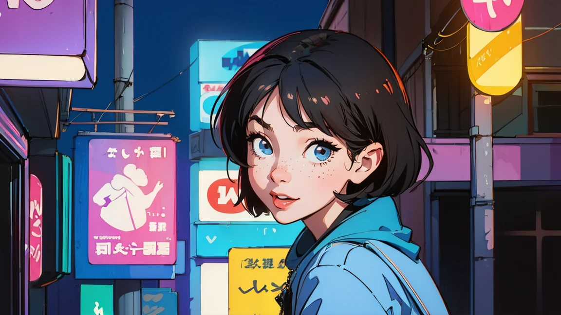 highest quality, masterpiece), 1 Girl, 1980s \(style\)Beautiful expression,lmao,Smiling and looking at the viewer,\(style\)Upper Body,Horizontal position,pin up , \(style\)Black hair color,Cute Freckles,Short Hair,\(style\), citypop, lofi,\(style\),1980s fashion,,casual,1980s fashion, citypop,retro,\(style\)neon,Downtown at night, Illuminated lights,shibuya, tokyo,
