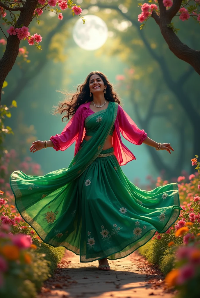  beautiful indian woman, in beautiful  green trees of colourful  flowers wearing  full-shoulder green half saree and full pink colour jacket dancing in very happy mood smiling by rotating  her self low to high angle showing moon in sky light fading on her between the trees