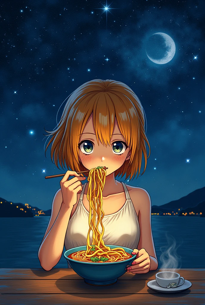 Nami de one piece alors qu'il mangeait une soupe de ramen, the sky is dark and starry. Image in an impressionist style in the manner of Van Gogh