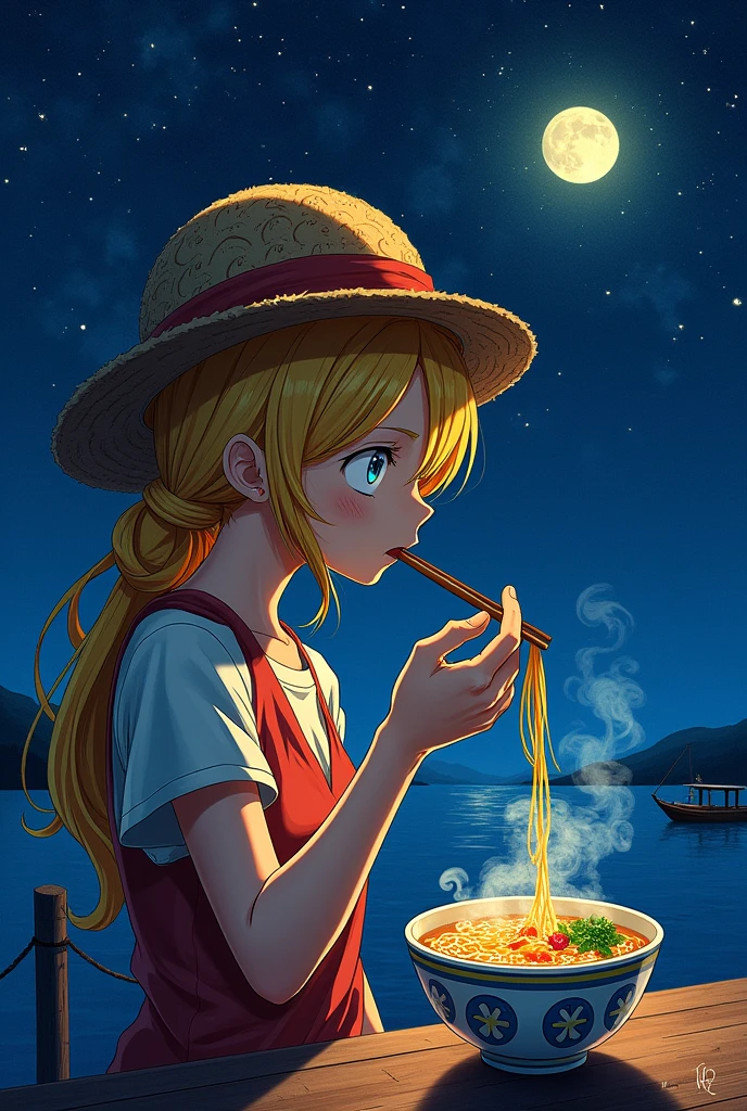 Nami de one piece alors qu'il mangeait une soupe de ramen, the sky is dark and starry. Image in an impressionist style in the manner of Van Gogh