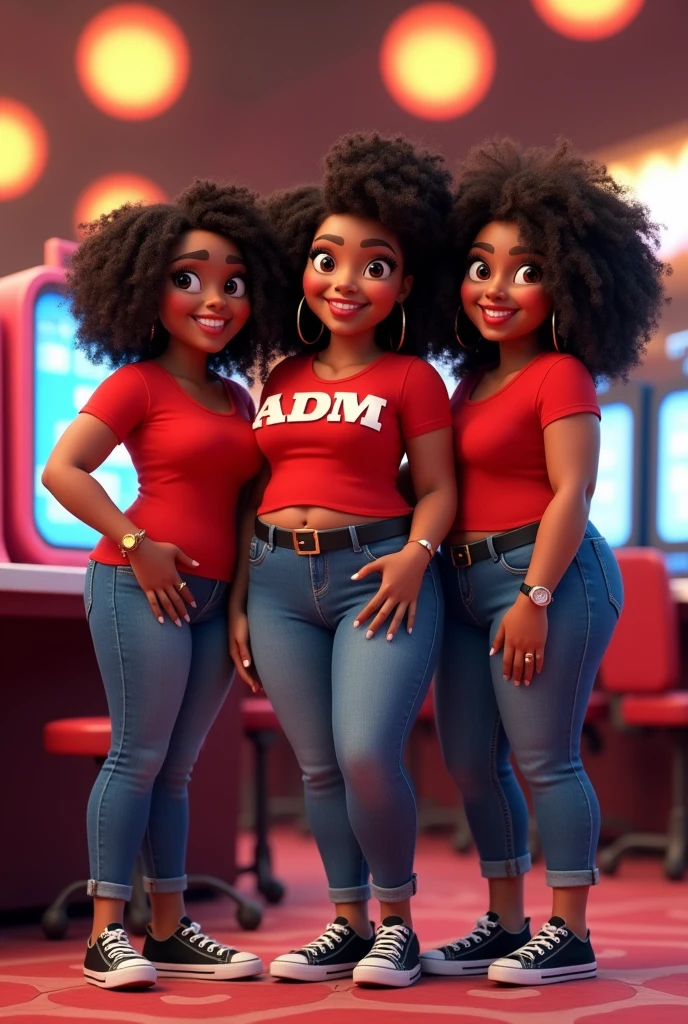 3D Pixar style, 4 woman, curtain, Brown eyes, thin reddish mouth Very curly dark coffee colored hair, medium size without fringe.
Woman with wide hips and thick legs in a red t-shirt with ADM written on it, jeans, black belt, black sneakers.
Gold ring on the left finger, watch on the wrist, wide and round face In a casino game room environment with computers HAPPY