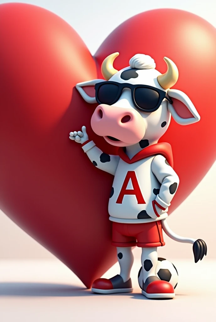 Um mascote de time cartoon. It will be a white cow with black spots in the shape of a heart., She looks funny but nice, with sunglasses and sportswear and that has a "a" on the chest and on the foot a soccer ball, all this with him by my side, pointing to a giant heart. the background colors will be red and white