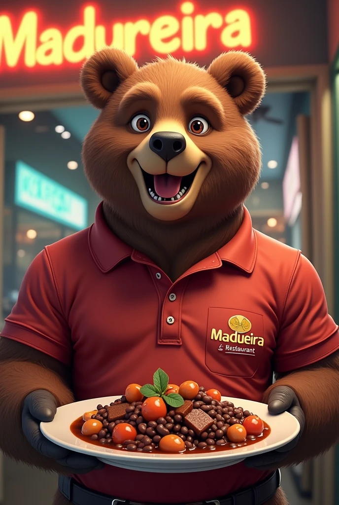 Adult bear, friendly and smiling face,stark , muscular and toned, anime 3 d, Wearing a polo shirt, written MADUREIRA RESTAURANT, serving a plate of feijoada with black beans and lots of pork