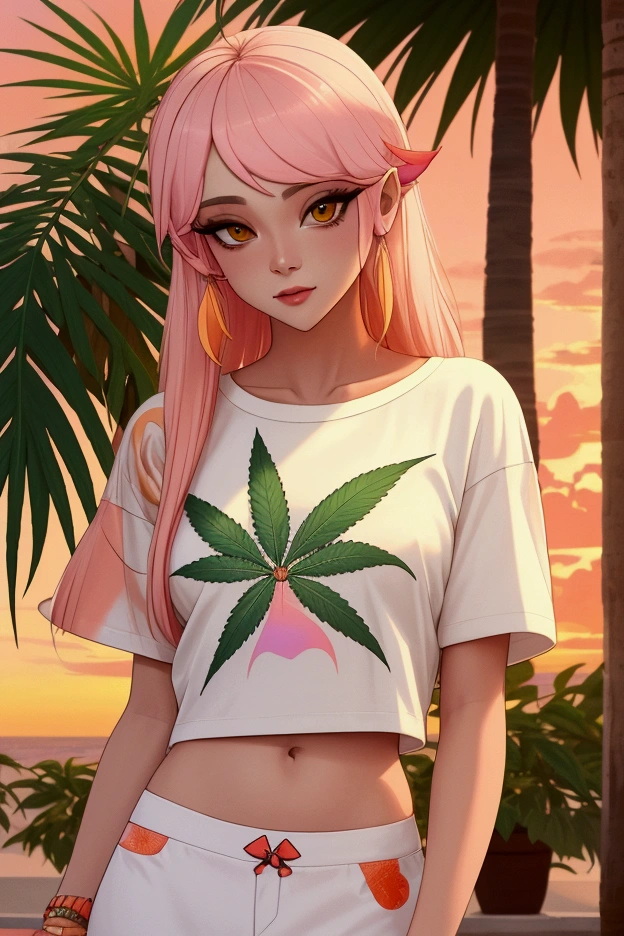 Sunset & Sativa: A graphic tee in soft pastel hues, with a large Pattaya weed  leaf surrounded by the colors of Pattaya’s famous sunsets, blending luxury with laid-back street style