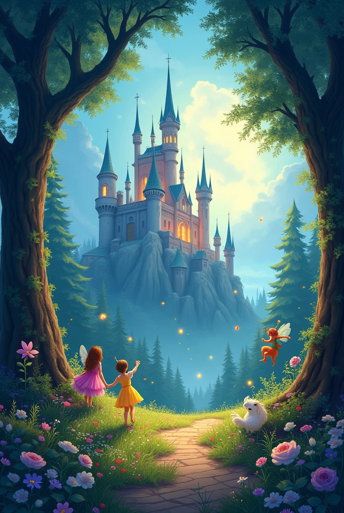 Cover for children's books. It has to be colorful, castles, Enchanted Forest, lots of magic