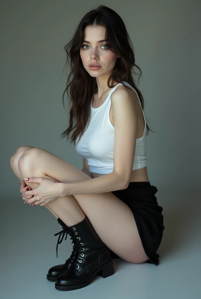 White woman with brown hair wearing tight white jeans with a black belt, black blouse, handcuffed with her hands together and standing with her back crouched with a frightened face