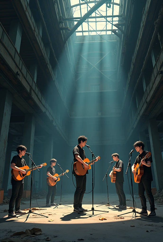 Acoustic members with an asian rapper Animae in dark abandoned building
