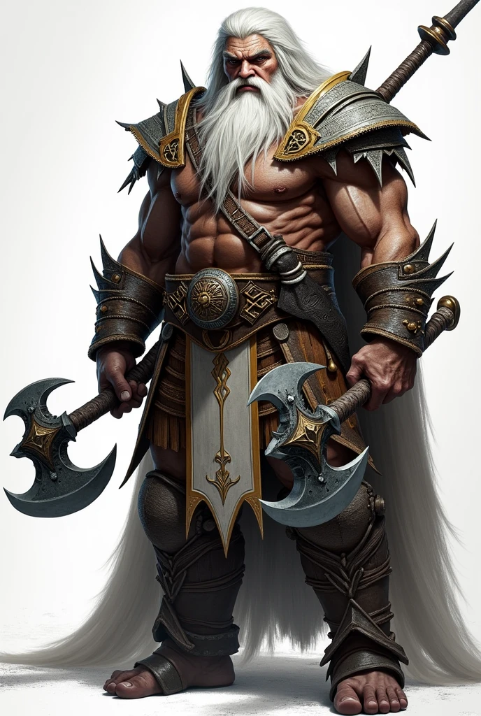 PueDes Diseñarme un personaje para D&D, que sea De raza triflin,  hombre De clase barbara, De una altura De 1.84 cm, De ojos color negros, long white hair, amante De la cultura, sostenienDo Dos achas De mano, De piel color gris plateaDo, que tenga una eDaD De 25 años, carganDo un espaDon en la espalDa, young appearance 
